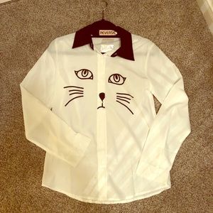 Cat face print button down dress shirt